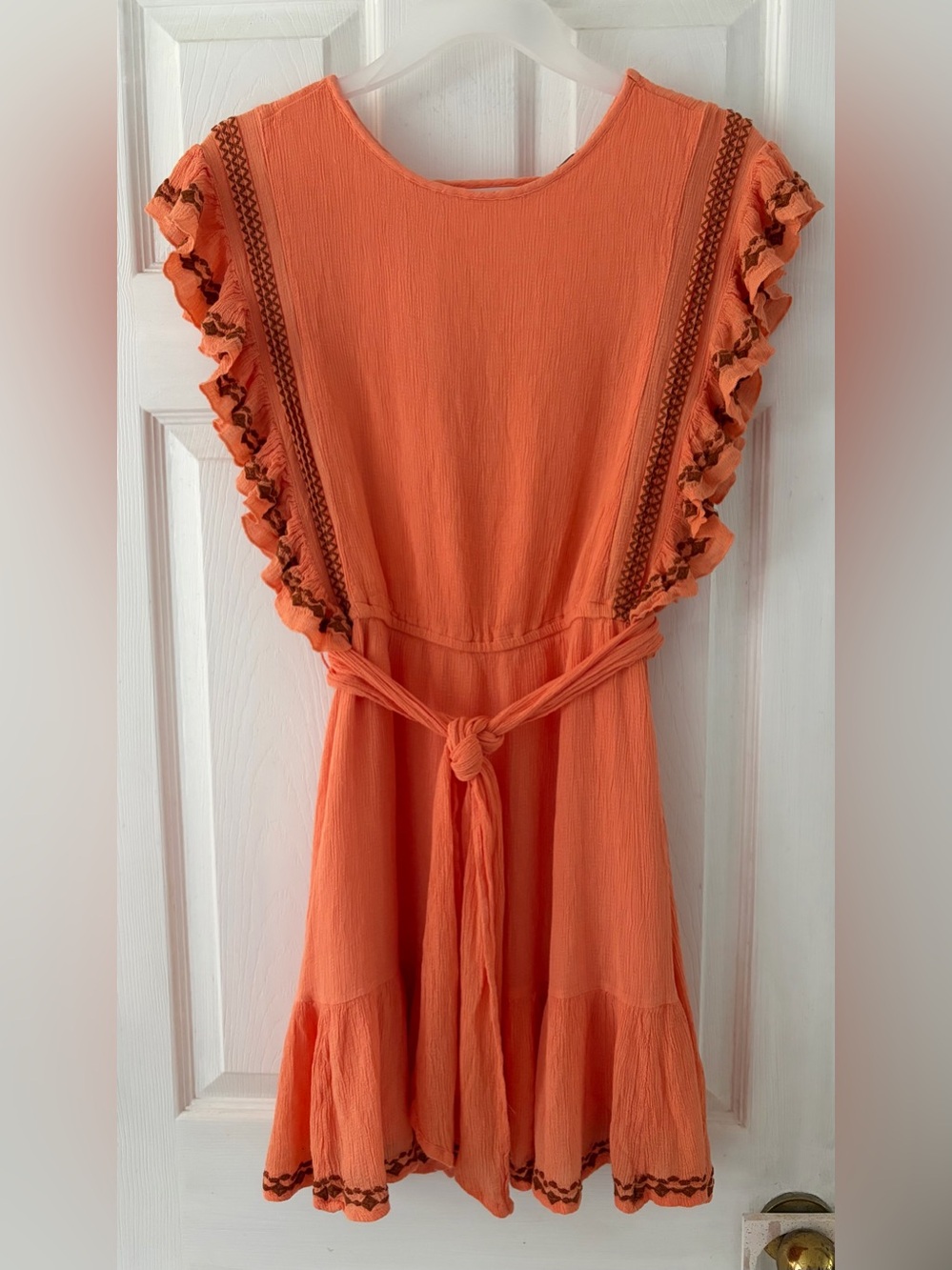 Free People Coral Orange Ruffled Sleeve Tie Waist Dress